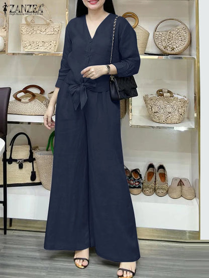 2025 ZANZEA Autumn Outfits 2PCS Women Work Matching Sets Fashion Spring Long Sleeve Blouse Pant Sets Casual Solid OL Tracksuits.