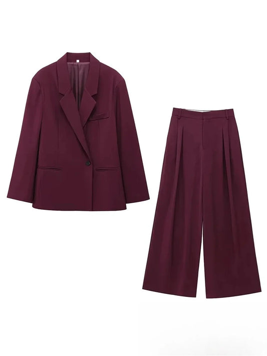 KONDALA Vintage Chic Office Lady Red Solid Women Suit Notched Single Button Pockets Blazer Straight Loose Pants Fashion 2025 Set.