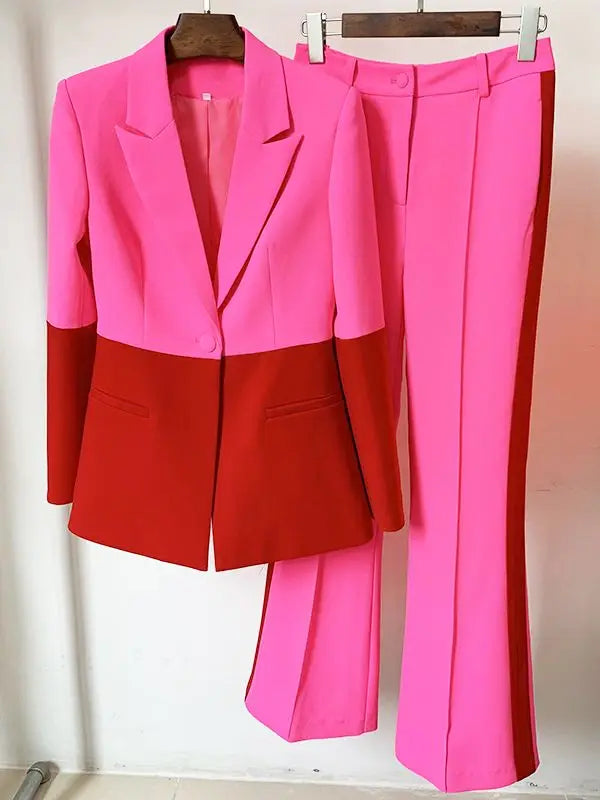 HIGH STREET Newest 2024 Designer Runway Suit Set Women's Single Button Color Block Blazer Flare Pants Suit
