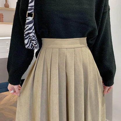 Lucyever Vintage Brown High Waist Pleated Skirt Women Korean Fashion College Style Long Skirt Ladies Autumn Casual A line Skirts.