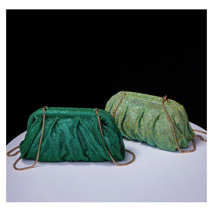 Premium Handmade Diamond-encrusted Clutch Bag Pleated Chain Rhinestone Cloud Clip Dinner Bag Single Shoulder Oblique Span Bolsos.