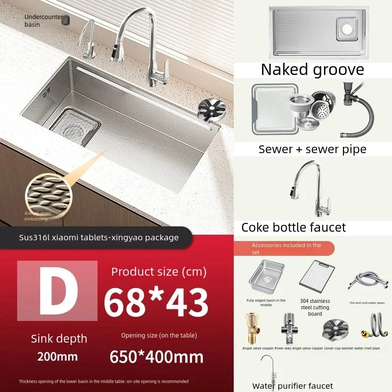 Kitchen Sink 316L Stainless Steels Nano Brushed Surface Large Single Slot Dishwash and Vegetable Washing Basin Undermount Basin