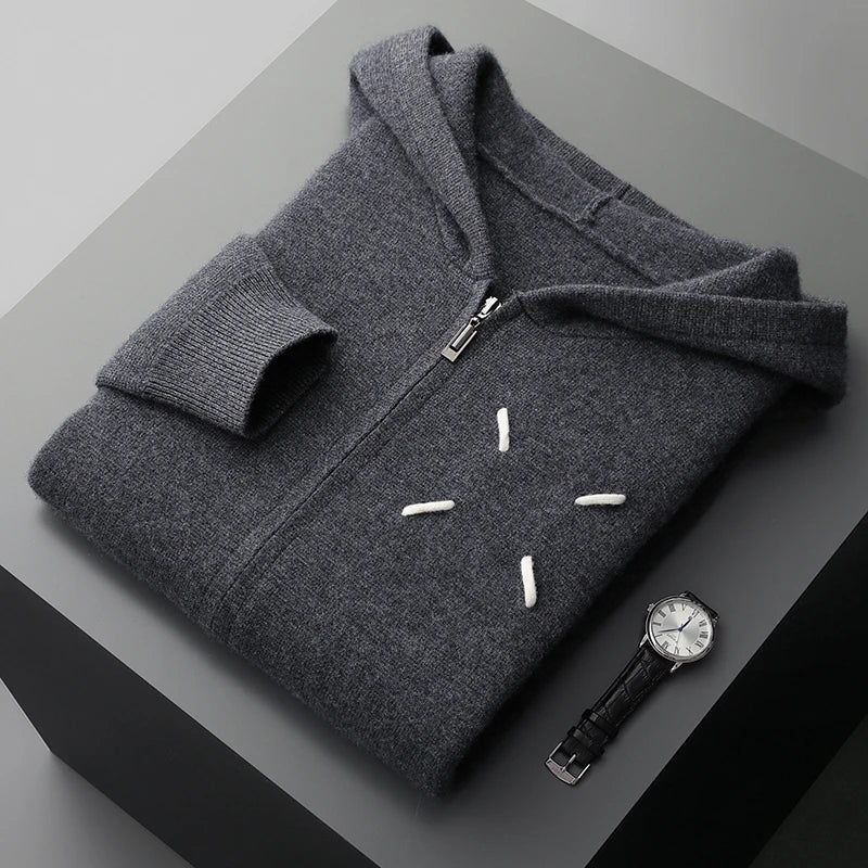Men's 100% Cashmere Sweater Zipper Hooded Cardigan Warm Air Layer Thickened Jacket Jacquard Casual Knitted Wool Sweater
