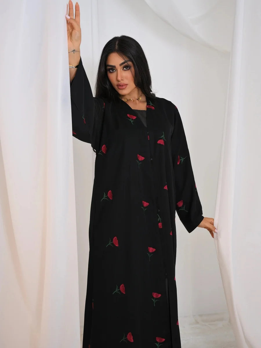 Women Middle East Arabic Dubai Abaya Luxury Rose embroidery Kimono Cardigan Long Dress Modest Robe Femme Islam Clothing Kebaya.