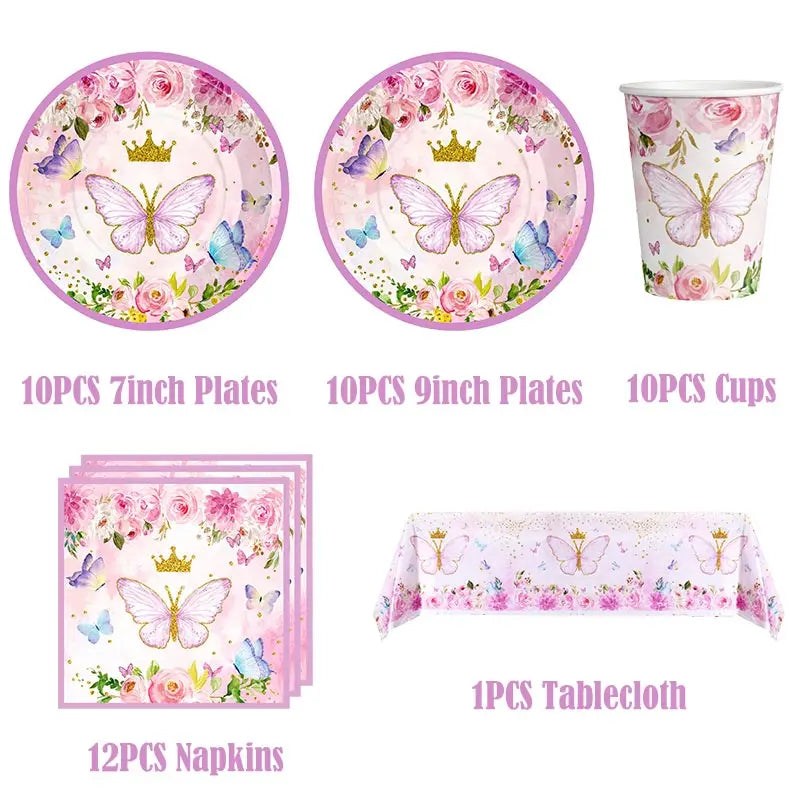 Schmetterling Geburtstag Party Dekoration Mädchen Einweg Geschirr Set Pappteller Tasse Ballon Tischdecke Schmetterling Thema Liefert