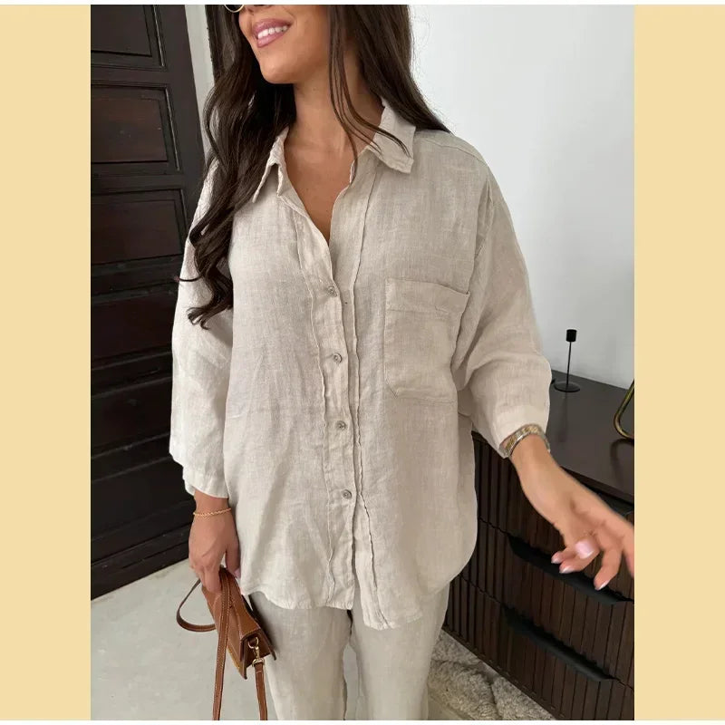 Women Vintage Solid Loose Pants Suit Lapel Single Breasted Long Sleeve Shirt Wide Leg Pants 2 Pcs Set 2025 New Ladies Streetwear.