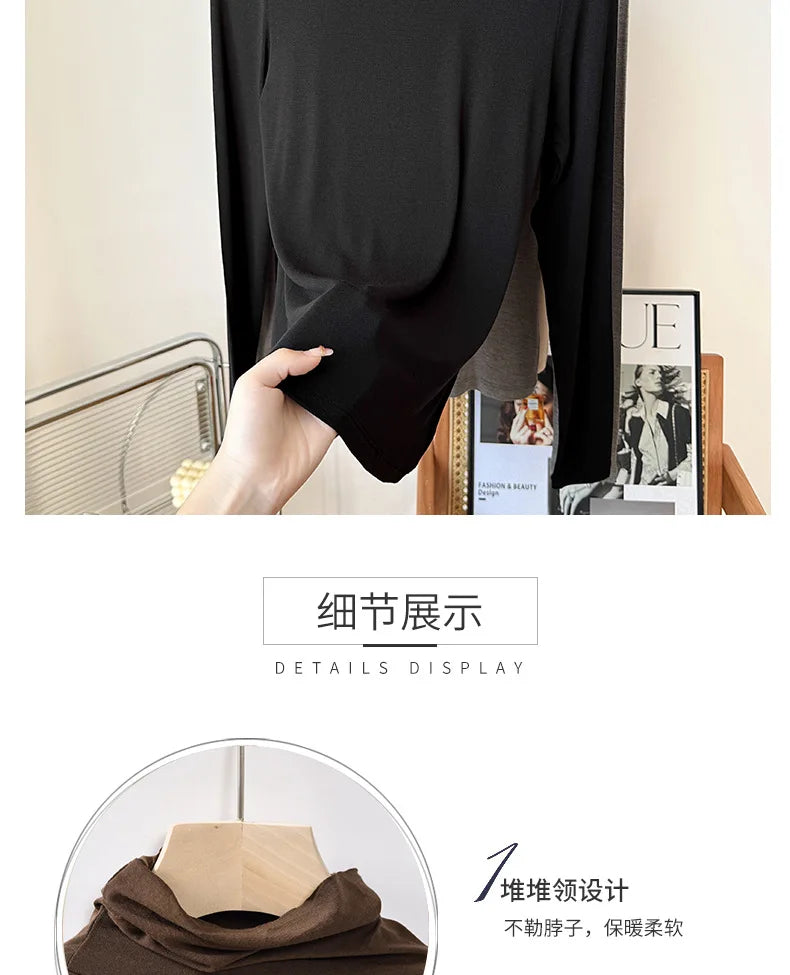 Yuyue Women's High-necked High Strecth Bottoming Shirt Old Money Style Silk Pile Collar Base Top Contain Mulberry Silk and Wool.