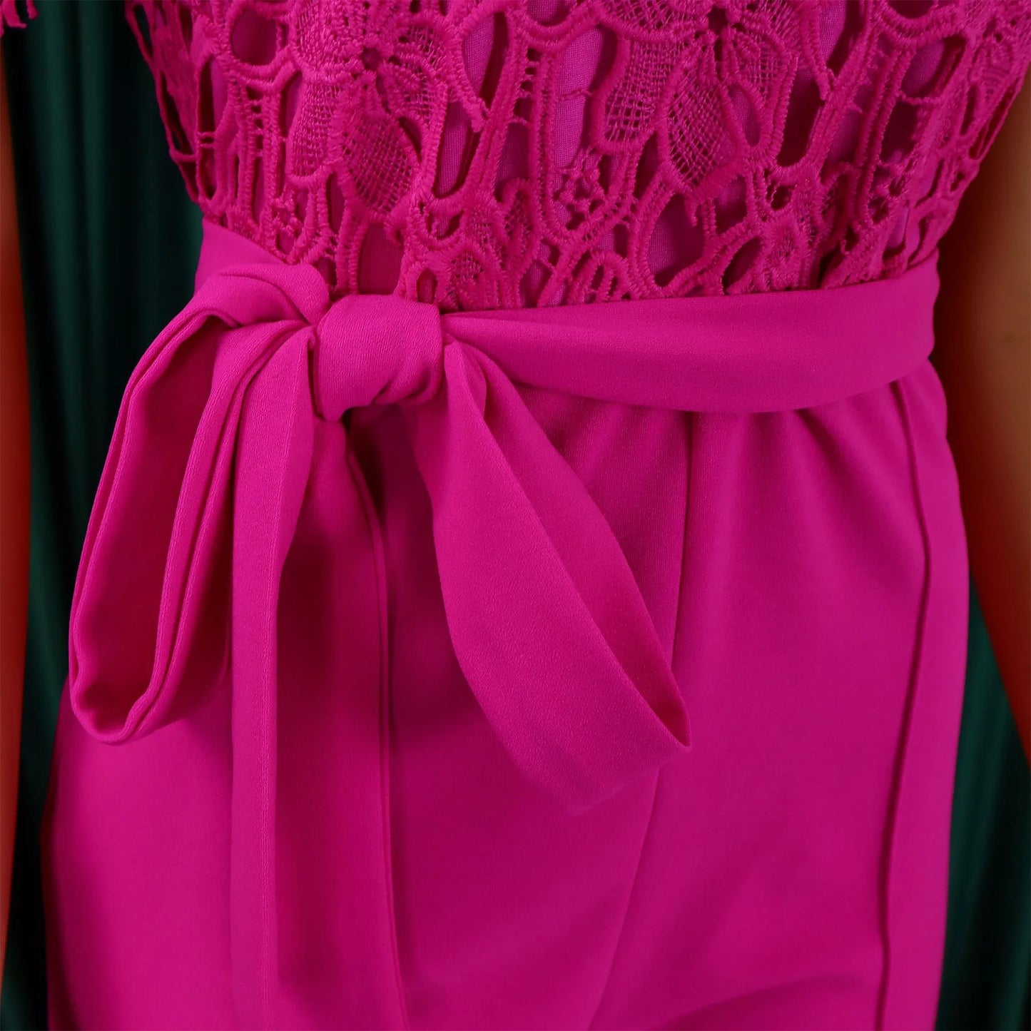 Elegant Jumpsuits & Rompers for Women O Neck Lace Patchwork Short Sleeve Sashes High Waisted Luxury Birthday Party Dinner Outfit.