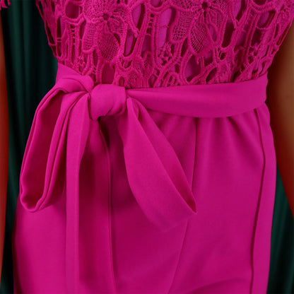 Elegant Jumpsuits & Rompers for Women O Neck Lace Patchwork Short Sleeve Sashes High Waisted Luxury Birthday Party Dinner Outfit.