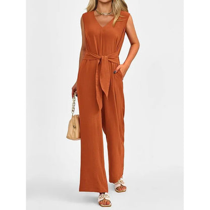 Summer High Waist Lace-up Jumpsuits Women 2025 New Sleeveless V-neck Side Pocket Solid Casual Jumpsuit Office Ladies Rompers