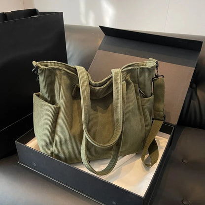 Women Corduroy Tote Bag Casual Multi Pocket Handbag Adjustable Strap Crossbody Sling Bag Zipper Shoulder Bag Fall Winter Bag
