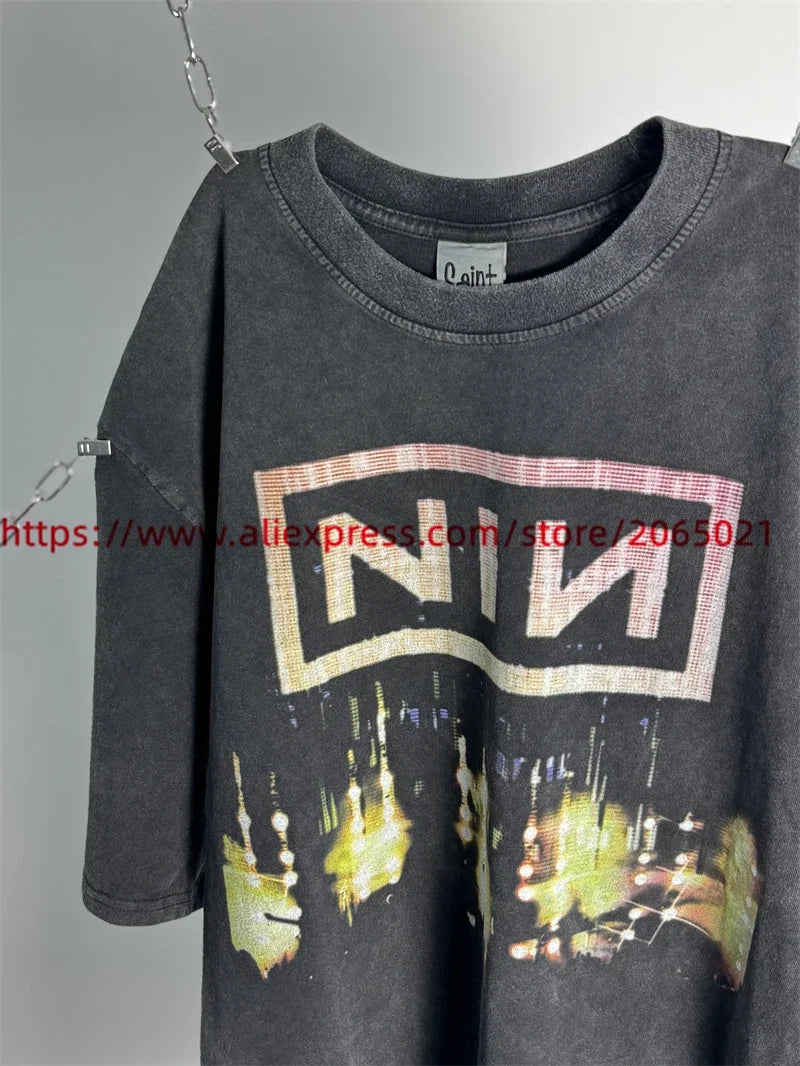 SAINT Vintage NIN Nine-inch Nail T-Shirts Best Quality Vintage Washed T Shirt Tee Tops.
