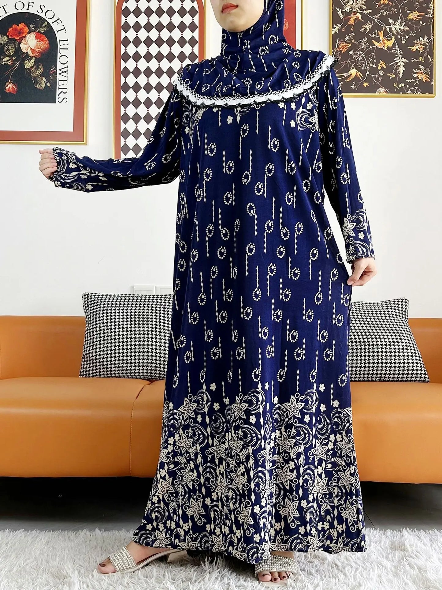 2023 Muslim Solid Cotton Abaya For Women Ramadan Prayer Garment Joint Hat Dubai Turkey Middle East Femme Robe Floral Loose Dress