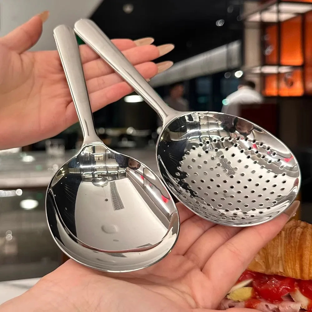 1Pc Big Head Stainless Steel Round Spoon Large Size Dining Spoon Rice Serving Spoon Drain Hole Heat Spoons Kitchen Tool Utensils.