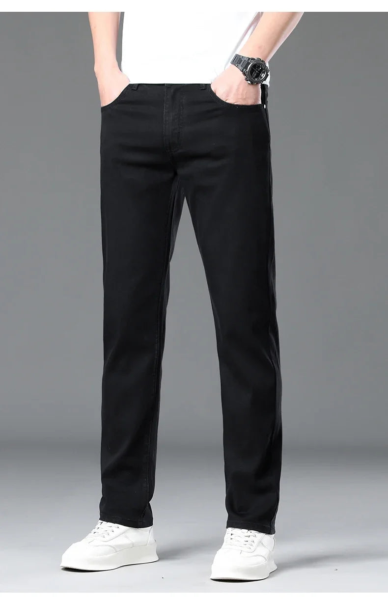 Summer Lyocell Ultra-thin Jeans Men Straight Stretch Breathable Denim Pants Fashion Business Casual Male Trousers Black Gray.