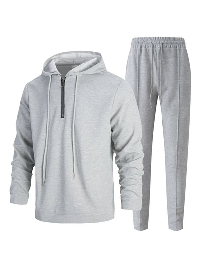 Men's Autumn Waffle Solid Color Hooded Half-Zipper Drawstring Long-Sleeved Sweatshirt And Long Pants Set Casual Comfortable Outf.