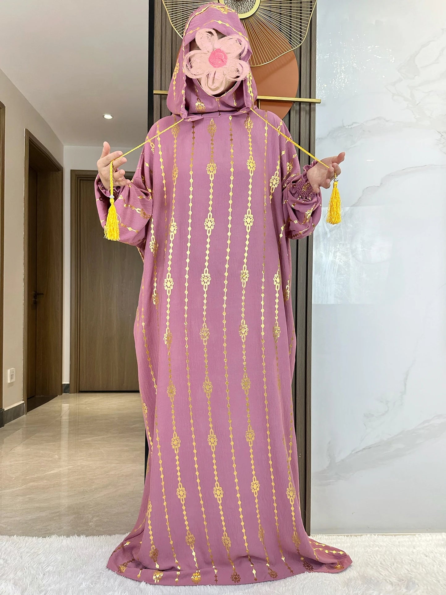 High Grade Cotton Fabric Ramadan Muslim Two-Hat Abaya Dubai Turkey Islam Prayer Clothes Gold Dust Dress Islam Women Dress Kaftan