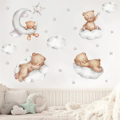 Cute Bear Moon Star Wall Stickers for Kids Rooms Girls Boys Baby Room Decoration Kawaii Cartoon Animal Nursery Wallpaper Vinyl