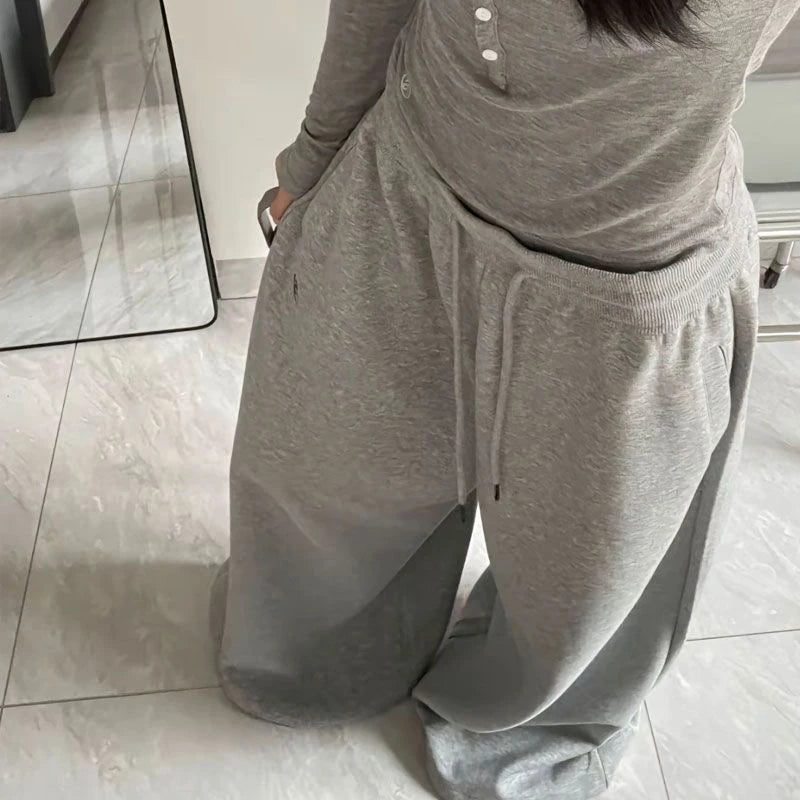 Oversize Cotton Pants Woman Y2K Casual Drawstring Trousers Korean Streetwear High Waist All Match Jogger Pants Grey Sweatpants