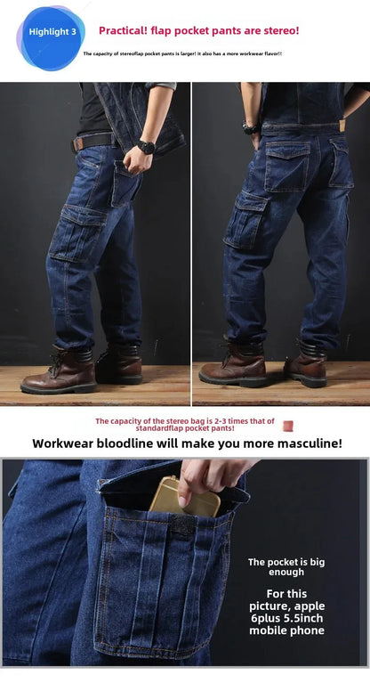 Men's Autumn/Winter Multi-Pocket Straight-Leg Cargo Pants Loose Fit Plus Size Plus Beefy Jeans Casual Comfortable Denim Trousers.