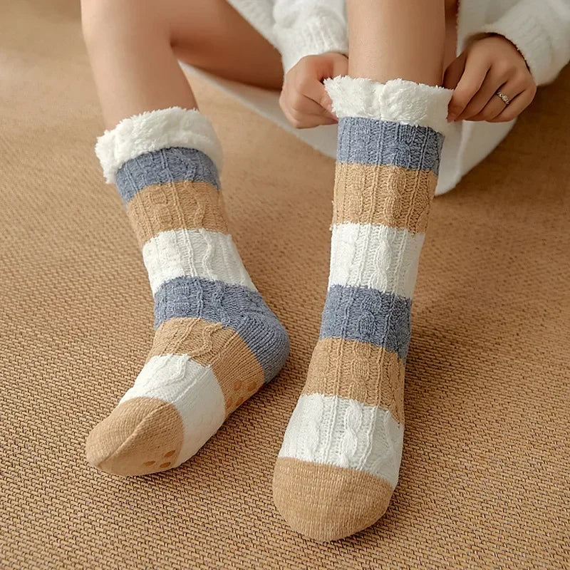 Womens Fuzzy Thermal Sock Plush Grip Hemp Winter Soft Female Home Indoor Warm Bedroom Non slip fluffy Thick Slipper Floor Sock.