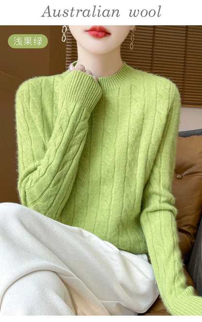 Frauen 100% Merino Wolle Verdickung Pullover Oansatz Gestrickte Twisted Pullover Herbst Winter Kaschmir Langarm Kleidung Basis Tops.