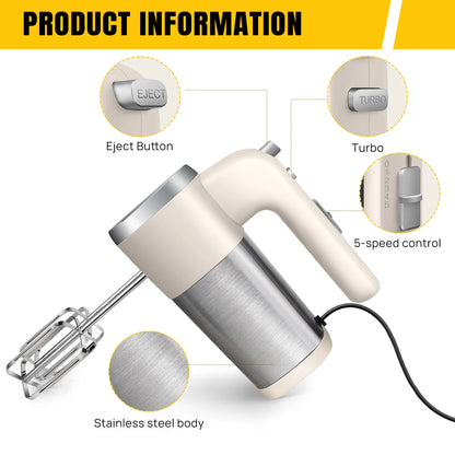 DayPlus Hand Mixer Electric,1500W Kitchen Mixers Turbo Boost/Self-Control ,5 Speed+Eject Button For Easy Whipping Dough,Cream.