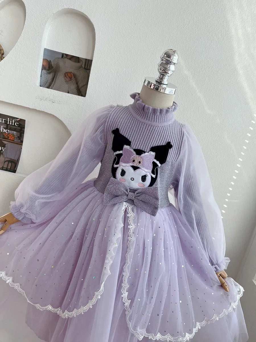 Anime Kuromi Lolita Kleid und Umhang Set Strickpullover Spleißen Mesh Prinzessin Kleid Partykleid Herbst Winter Urlaub Geschenk.