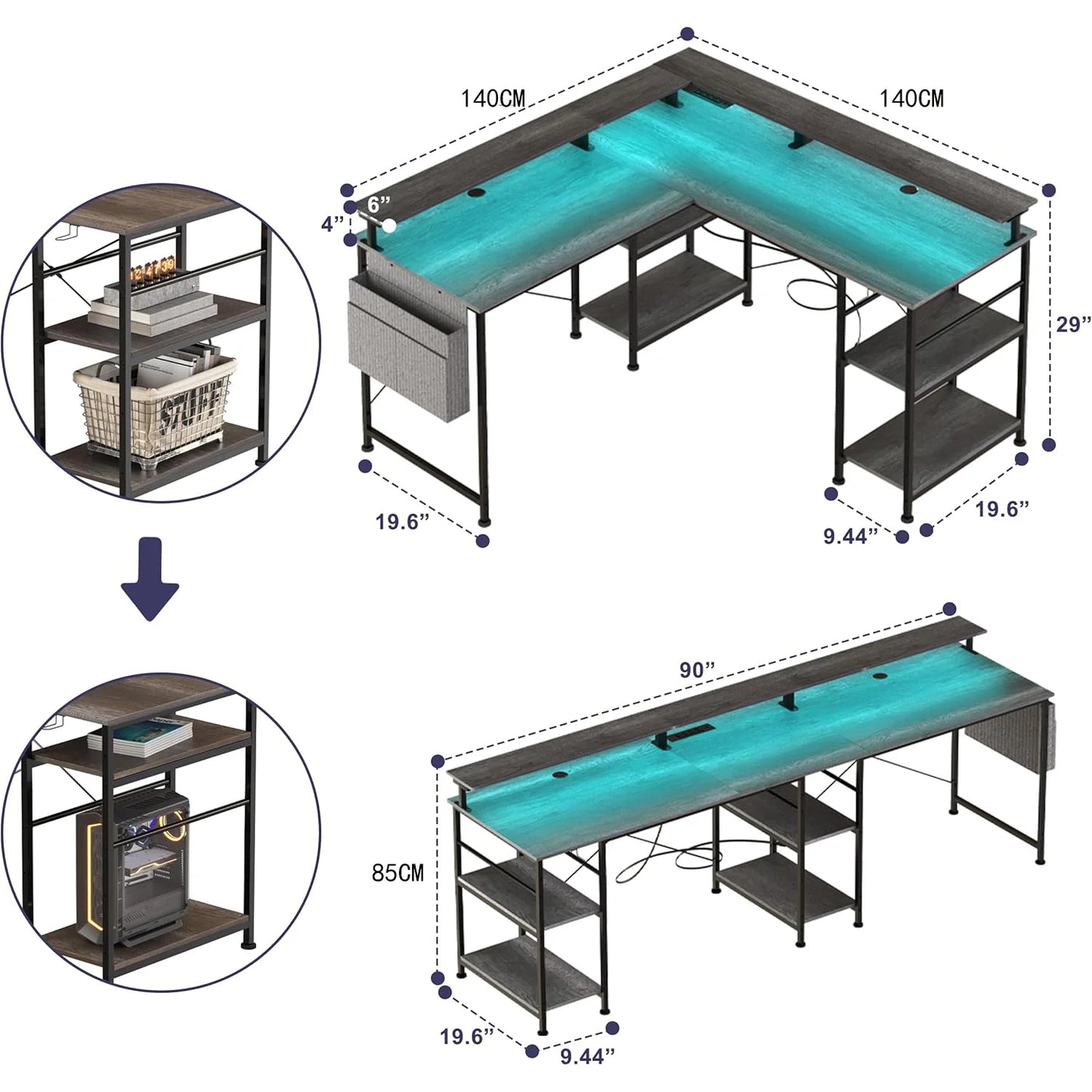 RGB Gaming-Schreibtisch L-Form/gerade umbaubar mit Monitoraufsatz, Steckdosenleiste & USB, Ablagen, Home-Office