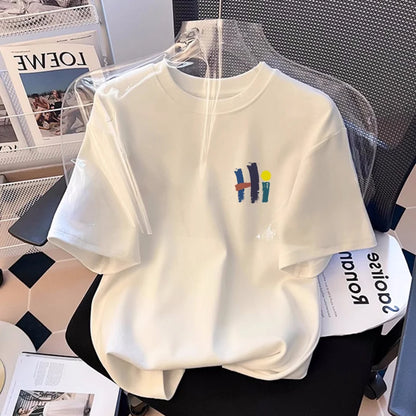 Weißes Plus-Size-Kurzarm-T-Shirt mit positiver Schulter, weiblich, halbärmelig, 2025, neues explosives Design, Sommer-Tops, lockeres T-Shirt