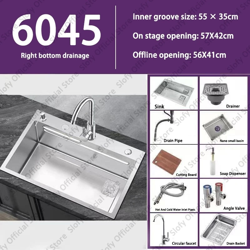 Küchenspüle aus Edelstahl 304, großes Fassungsvermögen, Wasch-/Schnitt-/Abfluss in einem, komplettes Set, multifunktionale Gemüse-Arbeitsstation für den Haushalt