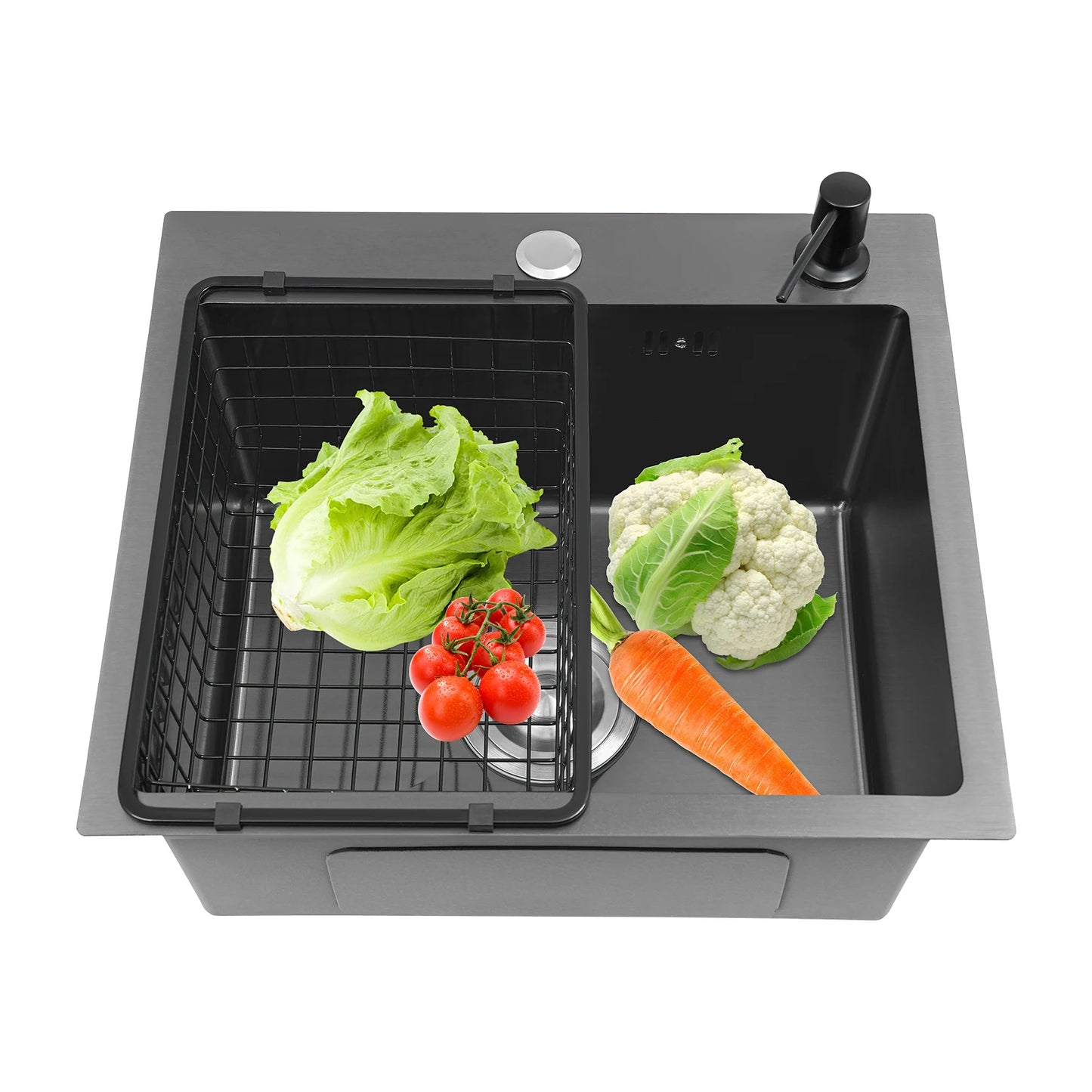 Großes schwarzes Abtropfgestell für die Küche, Küchenspüle aus Edelstahl mit Abtropffläche, Gemüse-Doppelbecken mit Seifenspender