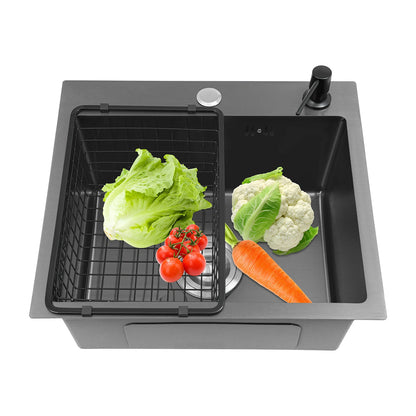 Großes schwarzes Abtropfgestell für die Küche, Küchenspüle aus Edelstahl mit Abtropffläche, Gemüse-Doppelbecken mit Seifenspender