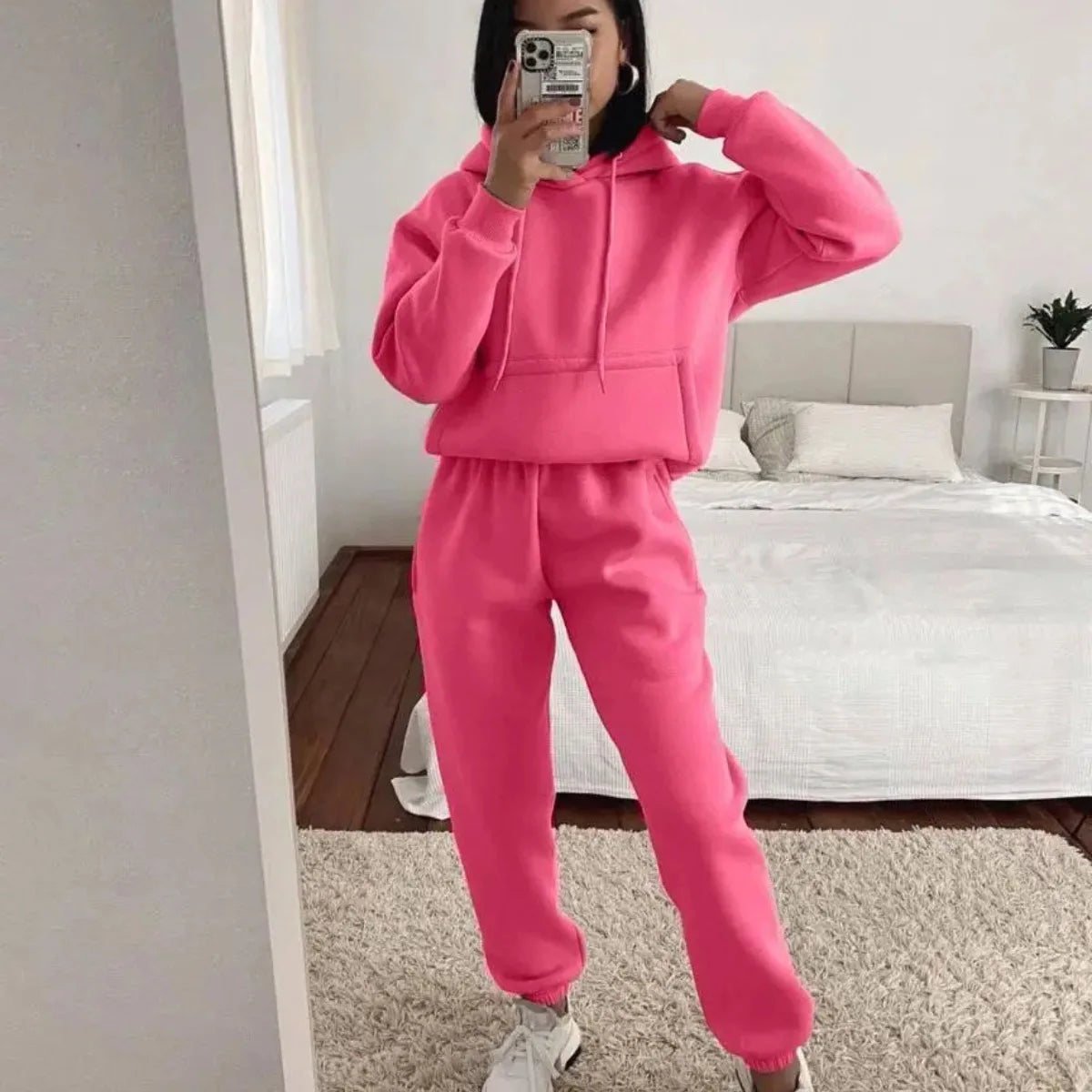 Women's Pocket Long-sleeved Hooded Sweatshirt Casual Set Autumn Winter New Solid Color Loose Sport Long Pants 2 Piece Set Female