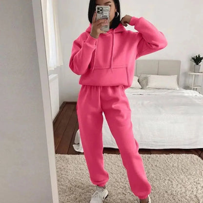 Women's Pocket Long-sleeved Hooded Sweatshirt Casual Set Autumn Winter New Solid Color Loose Sport Long Pants 2 Piece Set Female