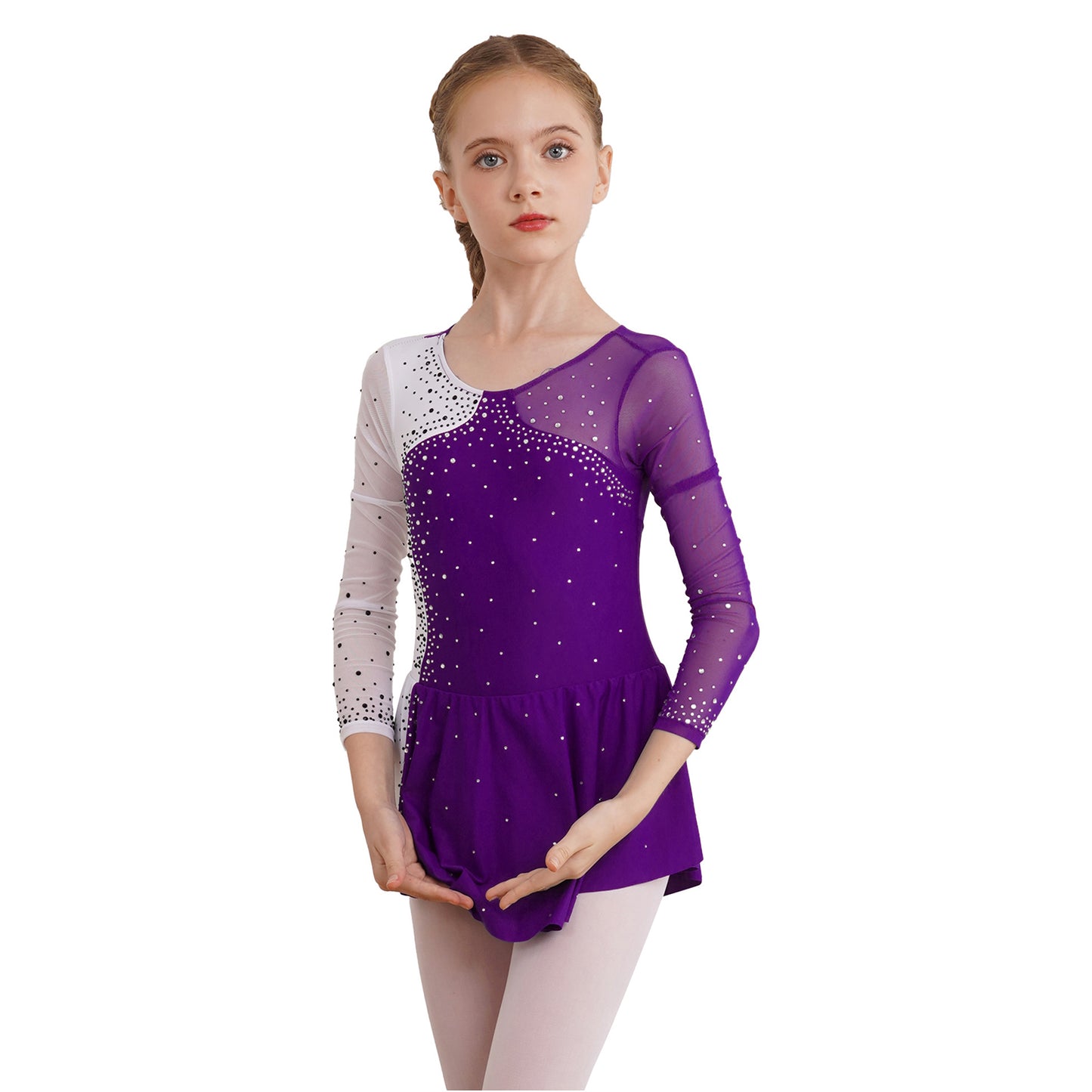 6-16Y Mädchen Eiskunstlauf Tanz Kleid Ballett Gymnastik Trikot Langarm Shiny Strass Sheer Mesh Leistung Dancewear