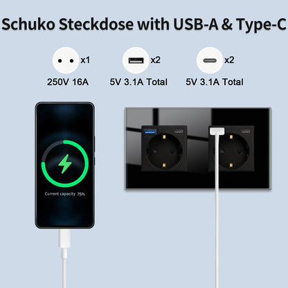 Bingoelec Wandsteckdose, Touch-Lichtschalter mit USB, 20 W, Typ C, Schnellladesteckdose, Glasscheibe, EU-Standard-Steckdosen.