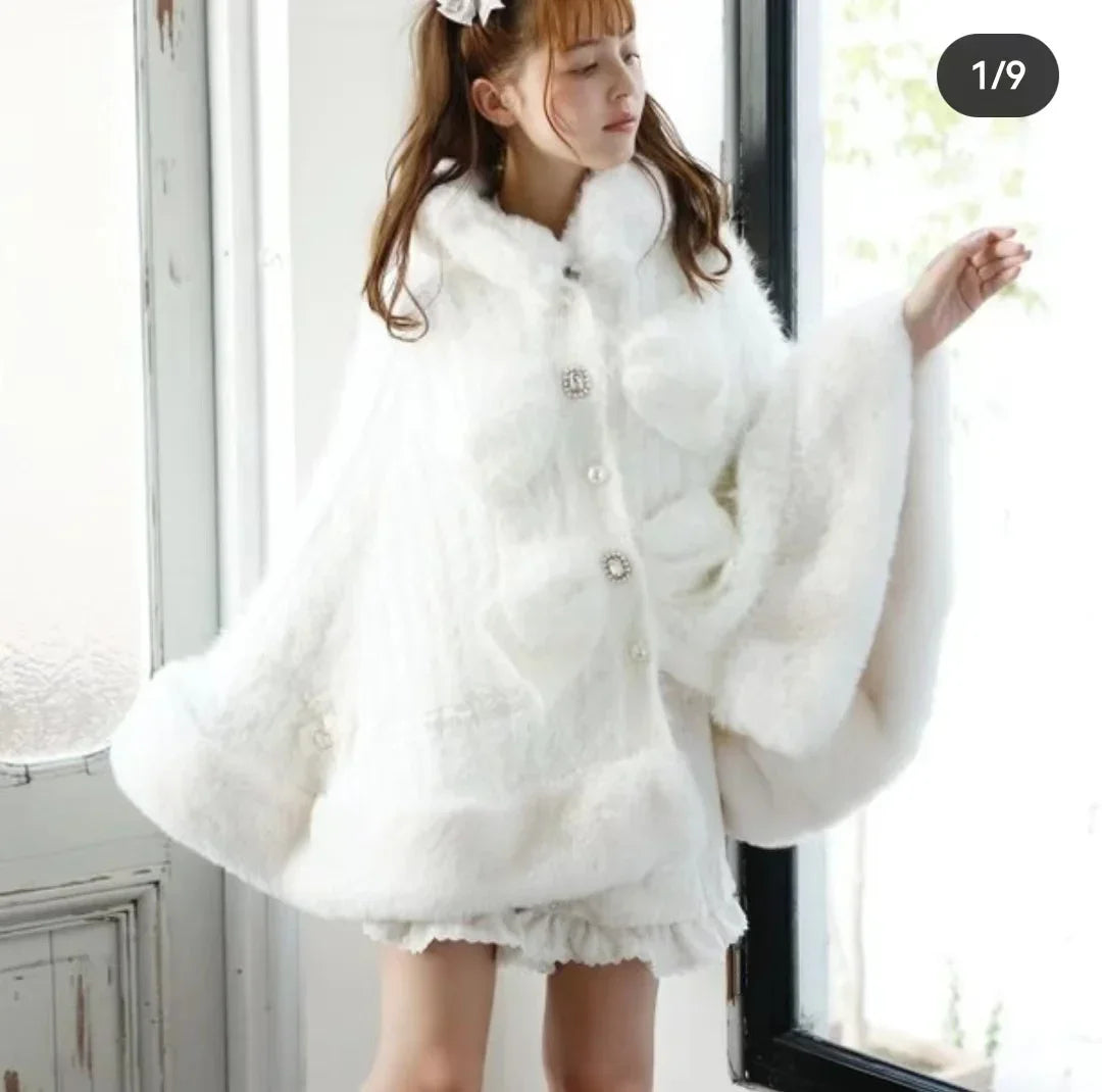 Japanische Liz Süße Prinzessin Faux Kaninchen Fell Cape Mantel Frauen Herbst Winter Pelz Jacke Lose Uhr Strass Bogen Mit Kapuze Mantel.