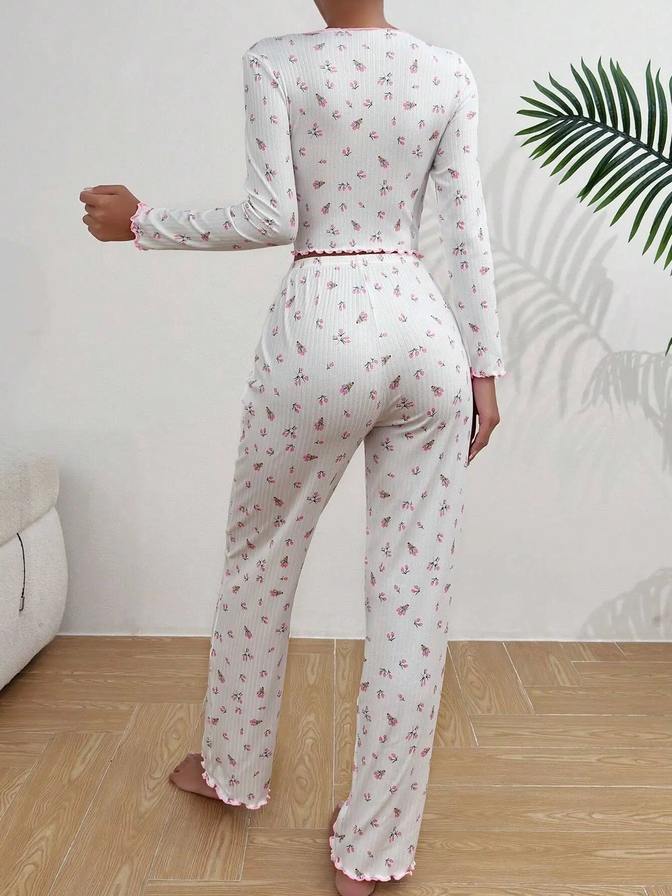 Y2K Nette Floral Gerippte Pyjama Set Frauen Langarm V-ausschnitt Zwei Stück Nachtwäsche Homewear Herbst Winter Bogen Salat Trim Neue Heiße.