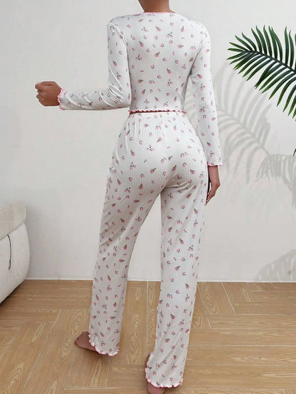 Y2K Nette Floral Gerippte Pyjama Set Frauen Langarm V-ausschnitt Zwei Stück Nachtwäsche Homewear Herbst Winter Bogen Salat Trim Neue Heiße.