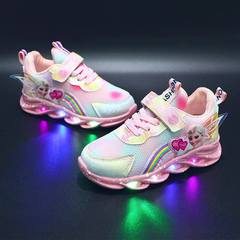 Disney Casual Sneakers LED Lighted For Spring Girls Frozen Elsa Princess Rainbow Outdoor Children Non-slip Pink Purple Shoes.