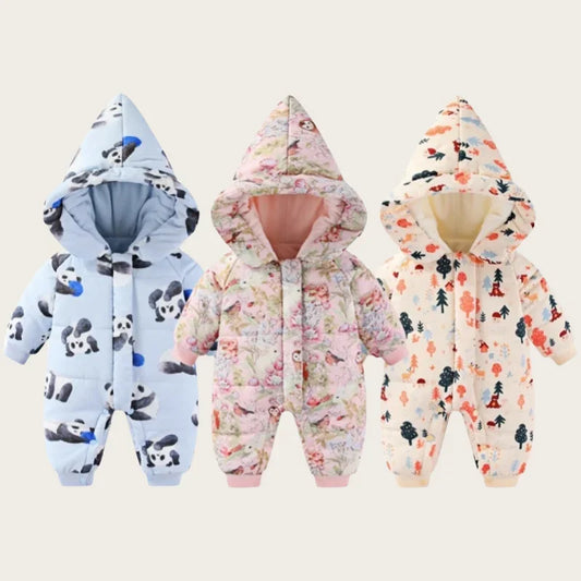 Body für Neugeborene und Mädchen, verdickter, wasserdichter, bedruckter Schneeanzug, 0–24 Monate, Kleinkind-Jungen-Overall mit Kapuze, warmes Winter-Einteiler-Outfit.