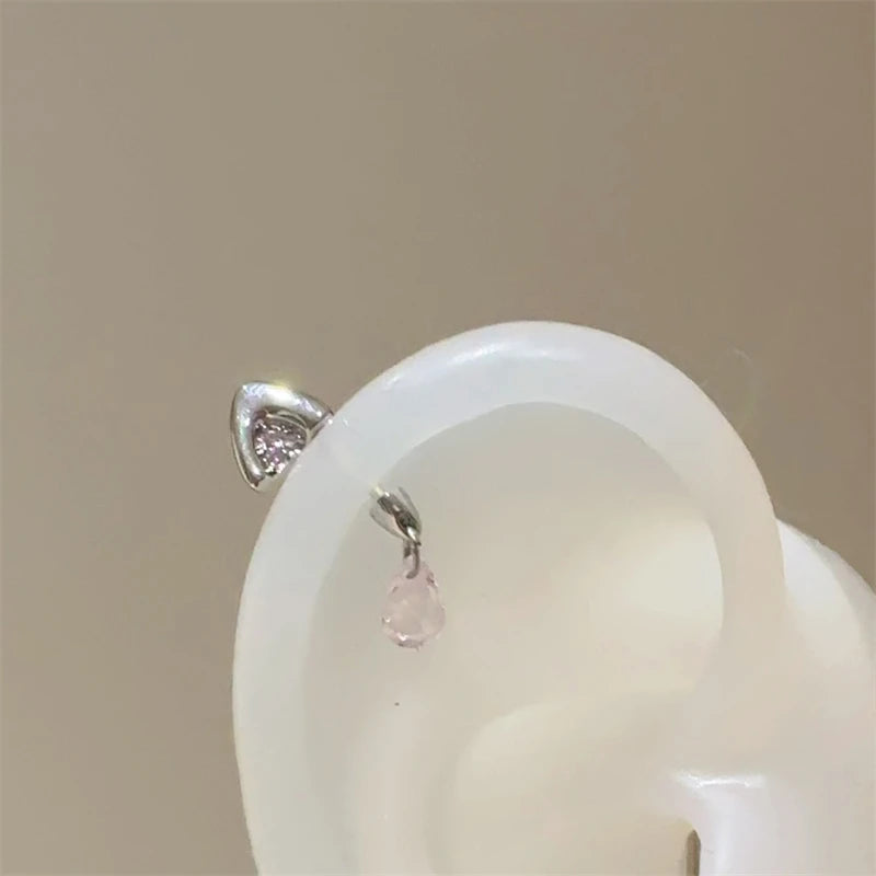 Silver Color Cat's Ear Droplet Shaped Zircon Stainless Steel Ear Bone Nail Earring for Women New Trendy Body Piercing Accessorie.