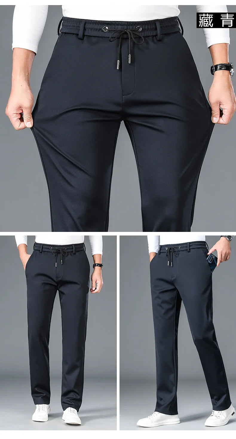 10XL Big Size Men's Summer Casual Pants Straight Fit Elastic Waist Trouser Male Classic Office Plus Large Stretch Zipper Pocket.