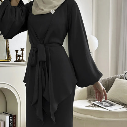 2-teiliges Saudi-Arabien muslimisches Damen-Abaya-Kleid aus Satin für Damen, Islam, Dubai, Urlaub, bescheidene Kleidung, 2024, elegante türkische Robe