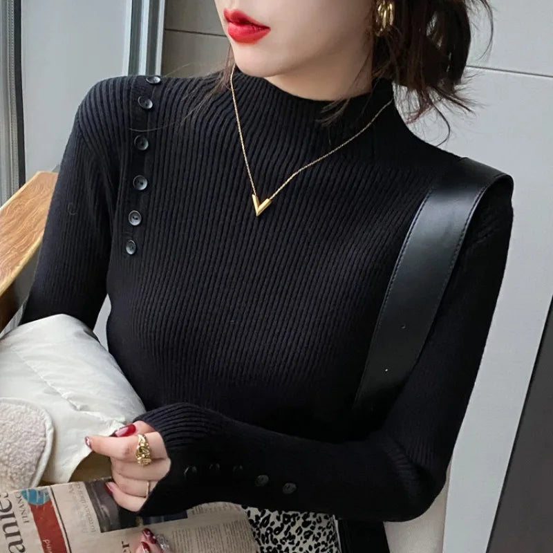 Langarm Beiläufige Dünne Pullover Mode Taste Grundlegende Gestrickte Tops Frauen Rollkragenpullover Koreanische Mode Einfache Chic Kleidung.