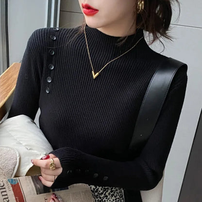 Langarm Beiläufige Dünne Pullover Mode Taste Grundlegende Gestrickte Tops Frauen Rollkragenpullover Koreanische Mode Einfache Chic Kleidung.