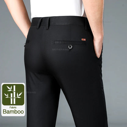 Bamboo Fiber Fabric Men's Casual Pants Summer New Ultra-thin Elastic Soft Straight Business Trousers Classic Black Khaki Gray.
