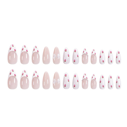 24Pcs Almond False Nails Cute Strawberries with French Design Simple White Wearable Fake Nails Decoration Press on Nail Tips Art.