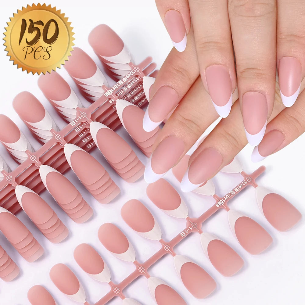 150Pcs Pre-made French False Nails Scarless Coffin Almond Fake Nail Artificial Fingernails Press on Nails for Nail Extension.